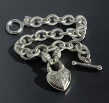 UD 925 Sterling Silver Pave Diamond Heart Locket Cabel Chain Bracelet 21.9g 7.5" Diamond Bracelet price