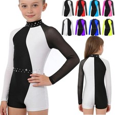 UK Girls Long Sleeve Unitard Biketard Gymnastics Leotard Bodysuit Ballet Dance Girls' Bodysuit price