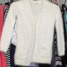 H&M Girls 9-10 Years White Knit V-Neck Open Front Pocket Cardigan Girls' Cardigan price