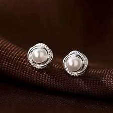 Crystal Swirl Pearl Stud Earrings Women Girls 925 Sterling Silver Jewellery Gift Costume Earrings price