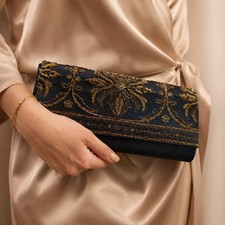 Fabindia Black Silk Clutch Gold Embroidered Brocade Evening Bag 8" Evening Bag price