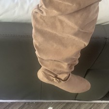 Women’s Beige Faux Suede Knee-High Low Heel Zip Boots Buckle Round Toe UK 6 Women's Boots price