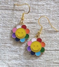 Multi coloured happy flower charm drop earrings on 925 gold fish hooks, fun gift Coloured Stone Earrings price