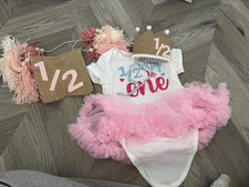Girls 12 Months 3pc Birthday Outfit Set Pink/White/Beige Tulle Skirt Hat Baby Skirt price