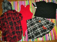 Emo Grunge Clothing Lot- Small- Plaid Pleated Skirt Hoodie Flannel Red Bodysuit Modest Wear Set price