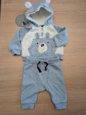 Nutmeg Baby Blue 2pc Bear Fleece Tracksuit Set Hooded Zip Hoodie Joggers 6-9m Baby Tracksuit price