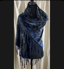 Chico's HUGE Piano Fringe Beaded Blue Velvet Wrap Shawl Scarf 42" Square Burnout Scarf price