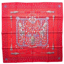 HERMES Carre 90 TRESORS RETROUVES Red Silk Scarf Annie Faivre Scarf price