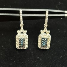 Vintage 925 Sterling Silver SUN Blue & White Diamond Halo Drop Dangle Earrings Diamond Earrings price
