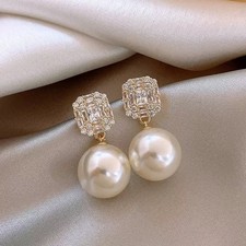 Shinny CZ Gold Crystals Pearl Drop Ear Stud Earrings Womens Girls Party Gifts UK Pearl Earrings price