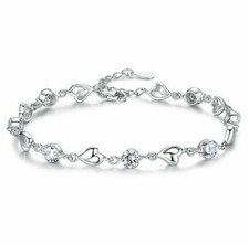 925 Sterling Silver Crystal Stone Heart Linked Charm Bracelet Women UK Silver Bracelet price