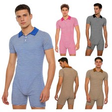 UK Men's Bodysuit Jumpsuit Sleepwear Pajamas Short Sleeve Turn-down Nightwear Men's Jumpsuit price