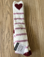Stay Cozy Women's Soft Fuzzy Knee High Socks Striped Heart Size 4-10 White/Pink Suba Socks price