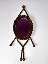 Vintage 1970s Boho Brown Wood Bead Oval Hanging Accent Mirror w/Tassels Framed Mirror price