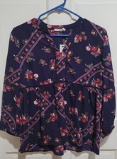 NWT Francesca Purple Floral Pullover Blouse 3/4 Puff Sleeve Baby Doll v neck Baby Blouse price