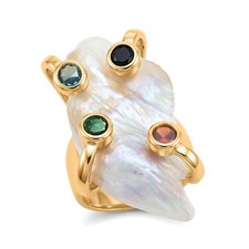 White Keshi Pearl, Multi Color Cubic Zirconia Ring Goldtone Adjustable Pearl Ring price