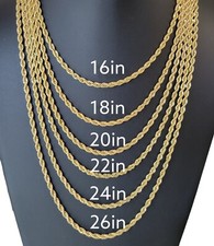 Stainless Steel Gold Plated  Rope Chain Necklace 4mm Size 16" to 26" Unisex, Men Gold Necklace price