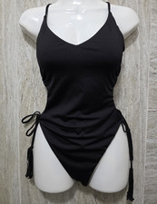 The Bikini Lab Black Solid Mesh Monokini Side Tie Tassel Strappy Back L C Monokini price
