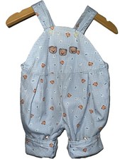 Vtg 80s 90s Blue Gingham Embroidered Teddy Bear Overalls 0-3 Months Baby Overalls price