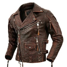 Men's Distressed Brown Handmade Motorcycle Biker Genuine Cowhide Leather Jacket Men's Leather Clothing price