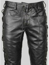 Handmade Men’s Genuine Sheep Leather Side Laces Black Leather Biker Trousers Men's Leather Clothing price