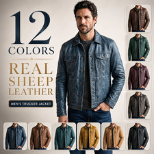 Premium Men's Real Sheep Leather Trucker Jacket Distressed Vintage Biker Coat Men's Leather Clothing price