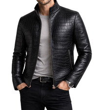 Men's Black Real Leather Jacket Crocodile Print Designer Zipper Biker Jacket Men's Leather Clothing price