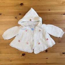 Vintage Hand Knit White Hooded Cardigan Sweat With Rosettes Size 6 Months Baby Cardigan price