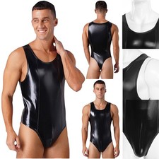 Mens Faux Leather Sleeveless Bulge Pouch Leotard Backless High Cut Bodysuits Men's Bodysuit price