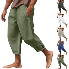 Men's Summer Cotton Linen Drawstring 3/4 Length Pants Casual Baggy Capri Shorts Men's Capri Pants price