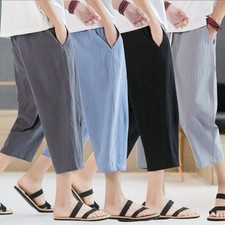 Men's Linen Blend Cropped Pants Elastic Waist Casual Summer 3/4 Capris Men's Capri Pants price