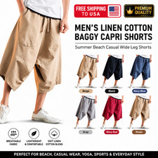 Mens Linen Cotton Baggy Capri Shorts Summer Beach Casual Wide Leg Lounge Pants Men's Capri Pants price