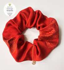 Handmade Red Kimono Scrunchie with Temari Charm Vintage Japanese Hair Tie Fan Tie price
