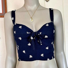 Reformation Blue White fan print Sweetheart Bow Tie Smocked Cropped Tank top 14 Fan Tie price