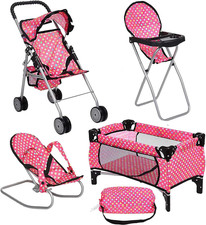 4 Piece Doll Play Set, Includes - 1 Pack N Play. 2 Doll Stroller 3.Doll High Cha Baby Car Seat and Bouncer Accessory price