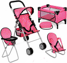 4 Piece Doll Play Set, Includes - 1 Pack N Play. 2 Doll Stroller 3.Doll High Cha Baby Car Seat and Bouncer Accessory price