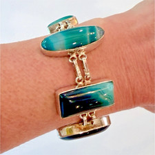 Vintage Trendy Handmade Sterling 925 Bezel Set Green Banded Agate Link Bracelet Natural Stone Bracelets price