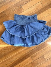Aerie Frills N Thrills Denim Skirt Tiered Ruffles Sz Small Smocked Waist Flares Girls' Jeans / Denim Skirt price