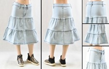 Little Girls Stretch Denim Skirt RUFFLE Calf length light indigo #RK-79241 Girls' Jeans / Denim Skirt price
