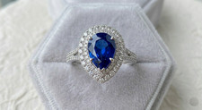 Lab Grown Royal Blue Sapphire Teardrop DOUBLE Halo 925 Ring Sterling Silver Sapphire Ring price