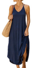 Women’s L Blue Solid V-Neck Strappy Sleeveless Maxi Slip Dress Polyester Slip Dress price