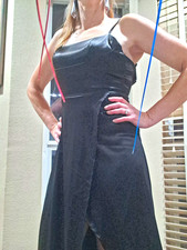 Women's Black Satin Slip Maxi Dress Size S Square Neck Strappy Side Slit Zip Slip Dress price