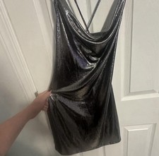 Women’s Silver Metallic Cowl Neck Mini Bodycon Dress Spaghetti Straps Size S Slip Dress price