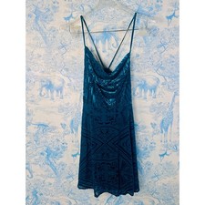Y2K Urban Outfitters Teal Floral Burnout Velvet Mini Dress V-Neck Tie Small Slip Dress price