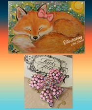 ACEO Fox Pastel Painting Kirks Folly Bow Pendant Brooch Pink Bows Gift Set CUTE! Pastel Paint price