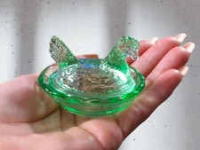 Green Depression Style Glass Mini Hen on Nest Chicken Salt Dish, Vintage Style Dishes price