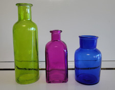 3 DECORATIVE GLASS BOTTLES  LIME GREEN RASPBERRY PINK AND COBALT BLUE SM MED LG Decorative Bottle price