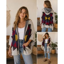 Billabong Hooded Poncho Cardigan Geometric Aztec Knit Wrap Oatmeal JV01DENC M/L Poncho price