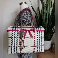 Vintage Woven bag Heart beaded Charm Tote plaid Bow Festival Basket Style Women's Beach Bag price
