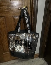 Discontinued PINK Sequin Logo Tote Bag Silver/Black Women’s Double Handles Women's Beach Bag price